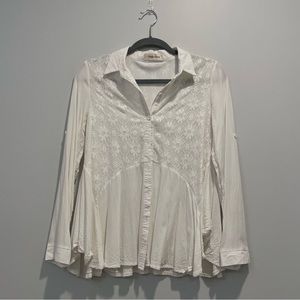‘ flowy button down white lace blouse